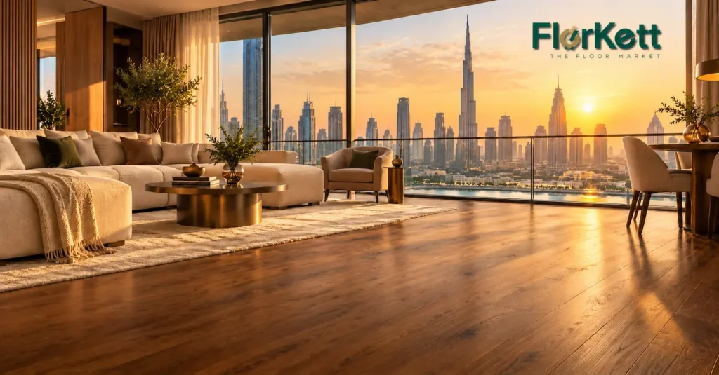 Luxury wood flooring in a modern Dubai apartment overlooking the skyline at sunset